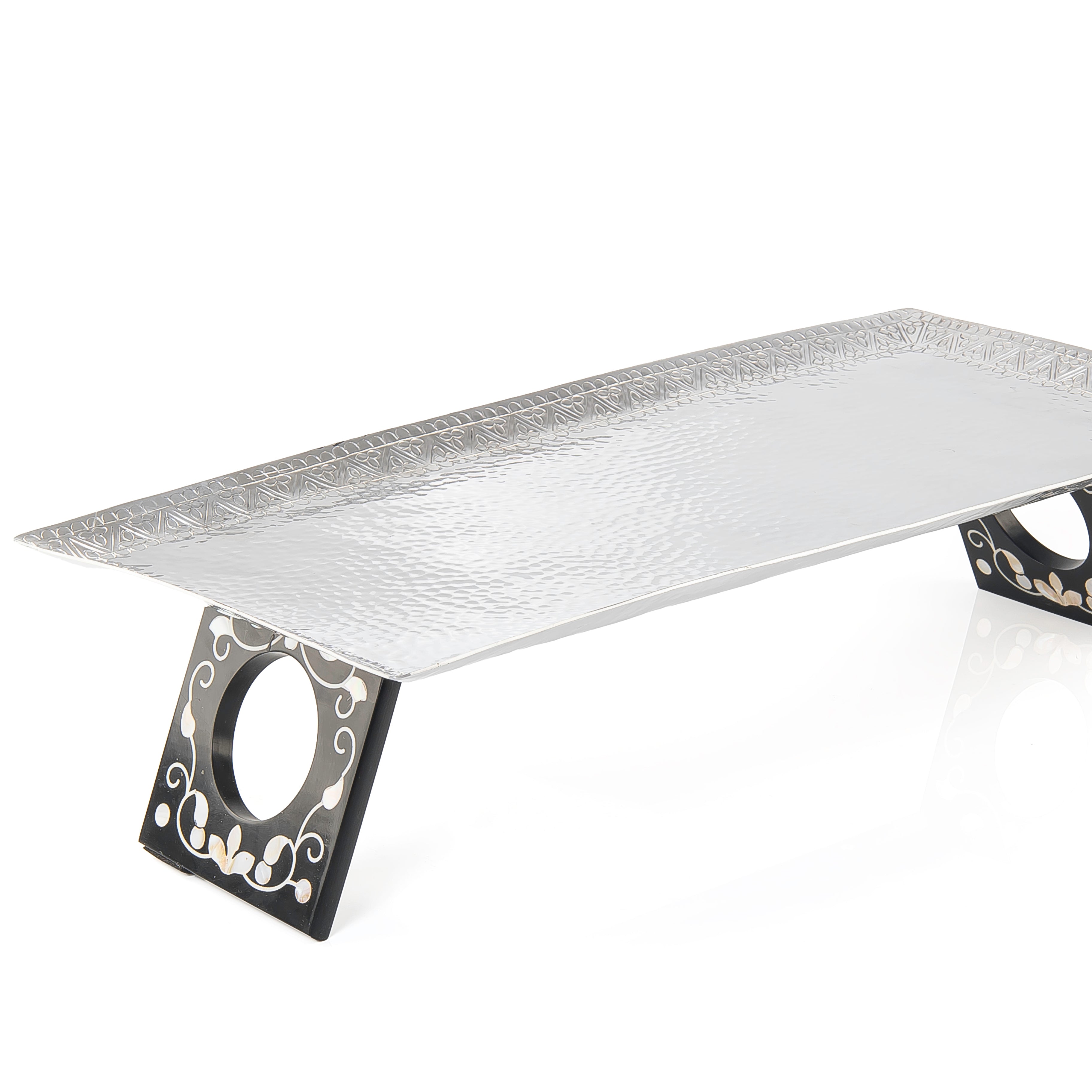 Rectangular Aluminum Serving Tray with Wood and Mother of Pearl Base - Large