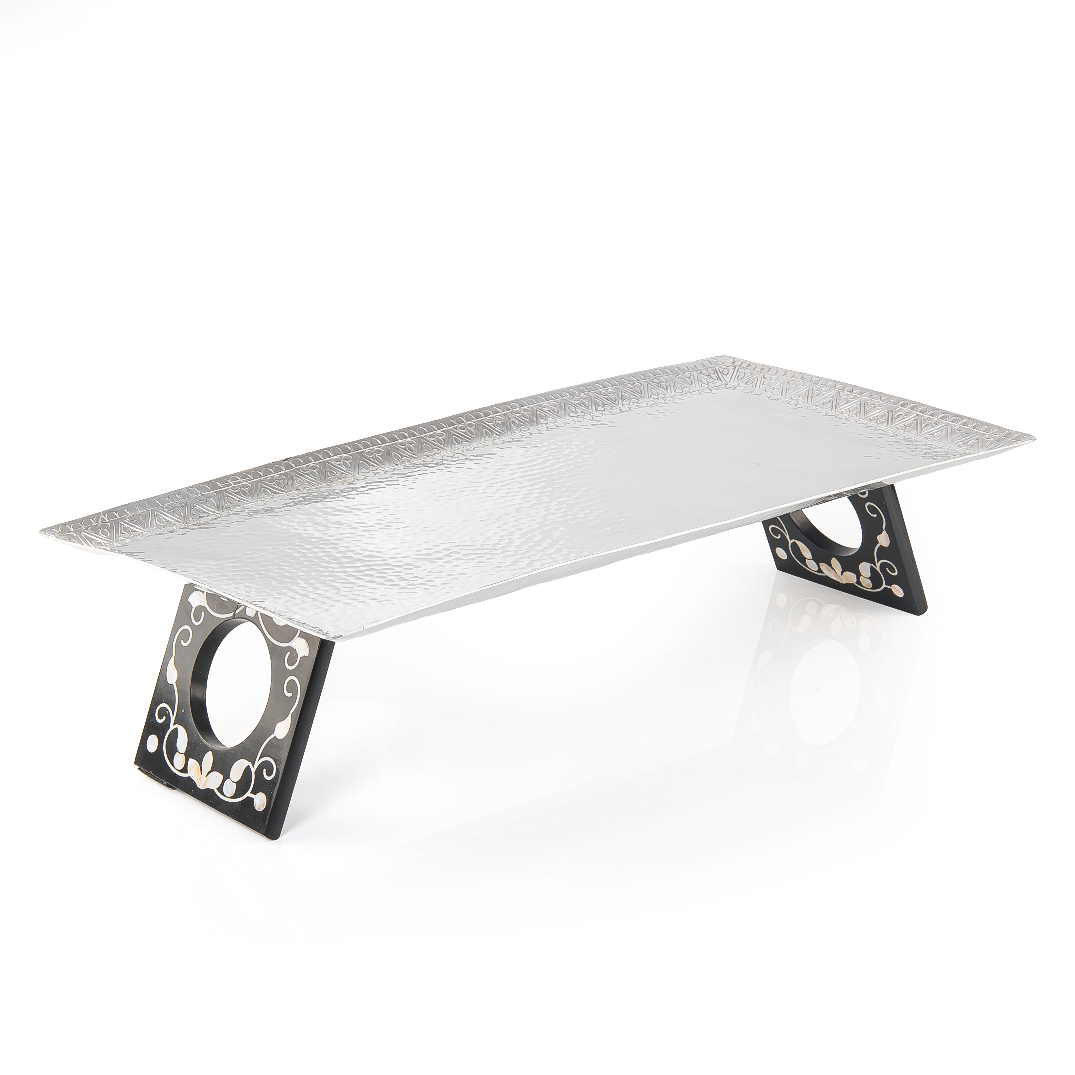 Rectangular Aluminum Serving Tray with Wood and Mother of Pearl Base - Large