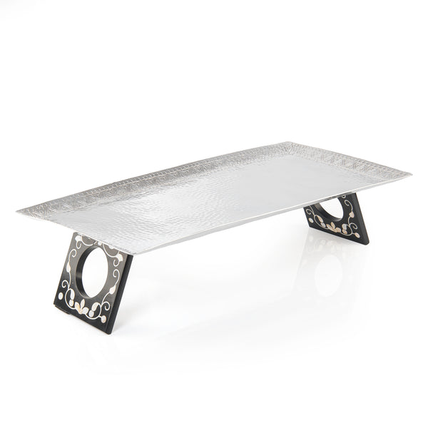 صينية مستطيلة مصنوعة من الألمنيوم بقاعدة من الخشب والصدف – كبير