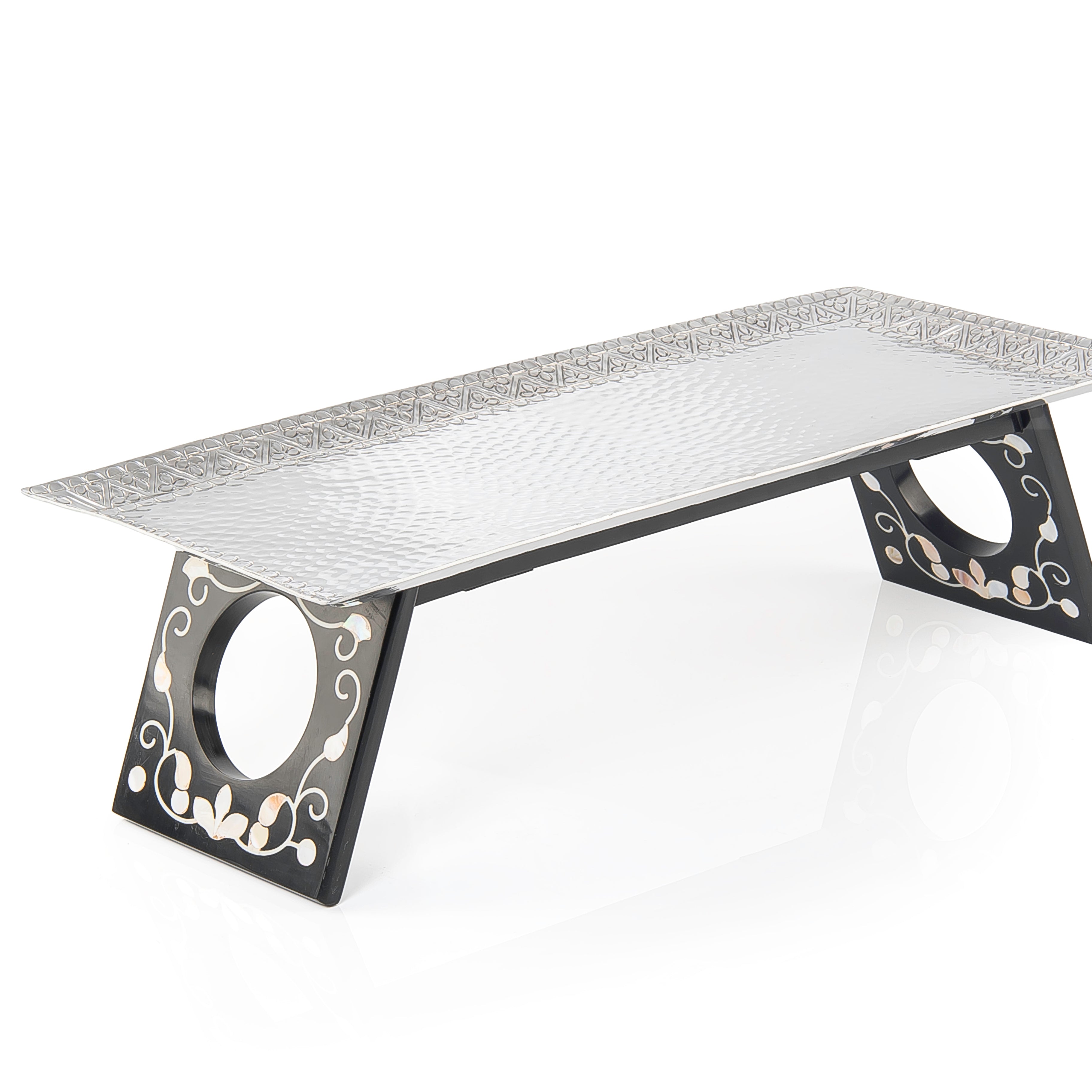 Rectangular Aluminum Serving Tray with Wood and Mother of Pearl Base - Medium
