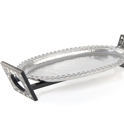 Oval Aluminum Serving Tray with Wood and Mother of Pearl Stand - Large