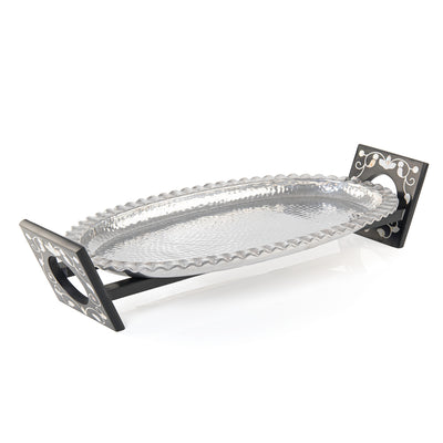 Oval Aluminum Serving Tray with Wood and Mother of Pearl Stand - Large