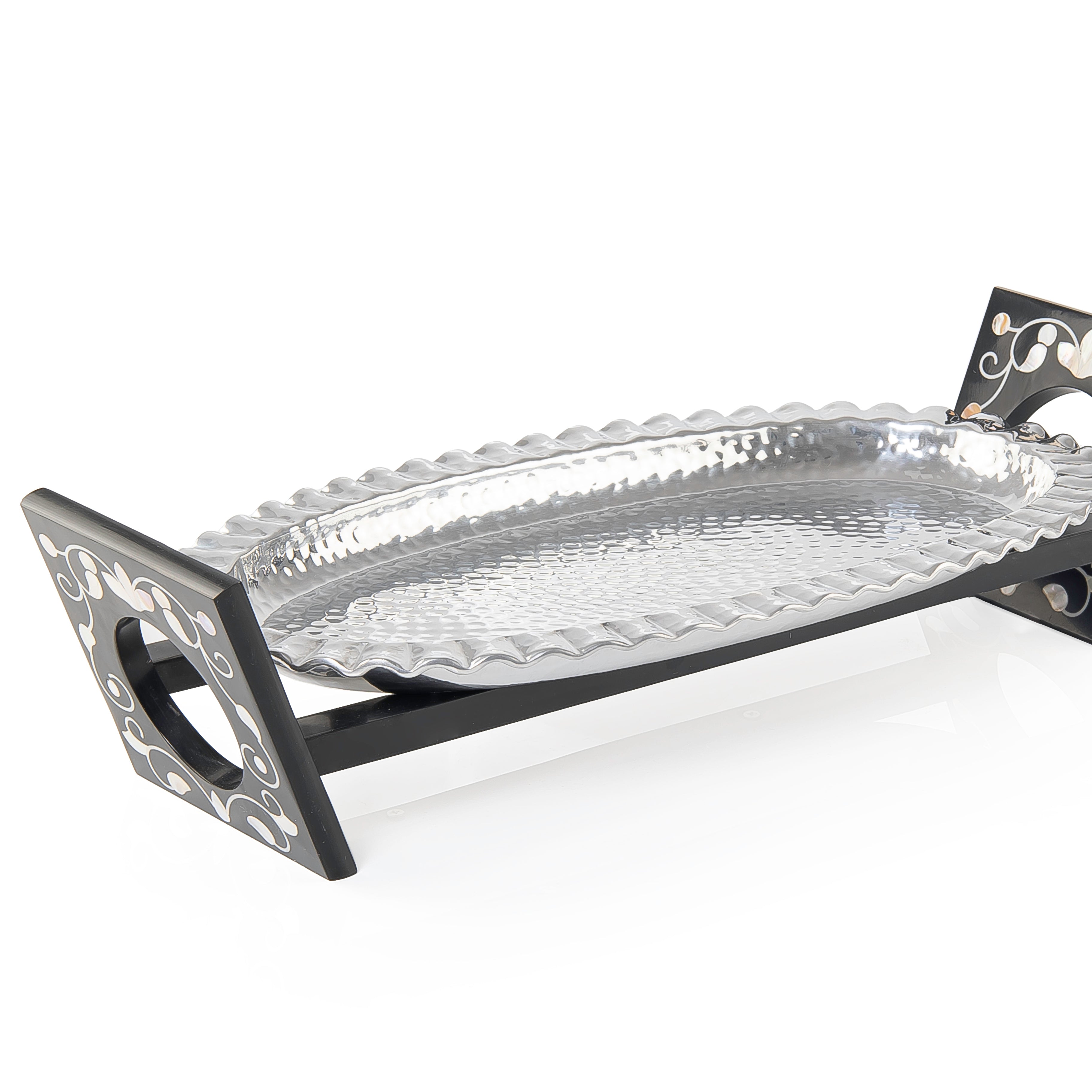 Oval Aluminum Serving Tray with Wood and Mother of Pearl Stand - Medium