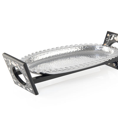 Oval Aluminum Serving Tray with Wood and Mother of Pearl Stand - Medium