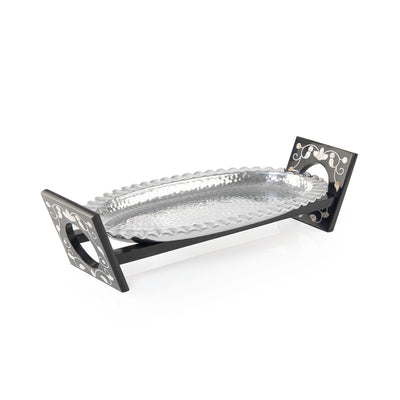 Oval Aluminum Serving Tray with Wood and Mother of Pearl Stand - Medium
