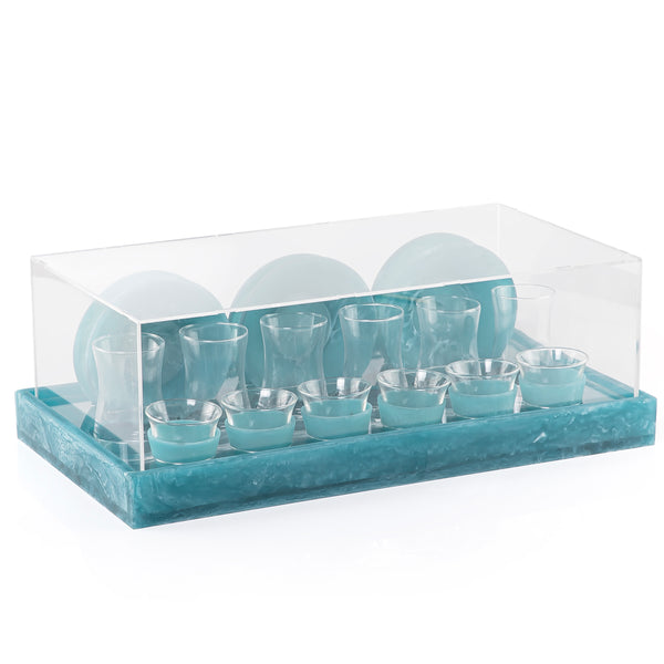 طقم صينية من الريزن مع 6 أكواب شاي و6 فناجين قهوة بغطاء  أكريليك مع بوكس هدية