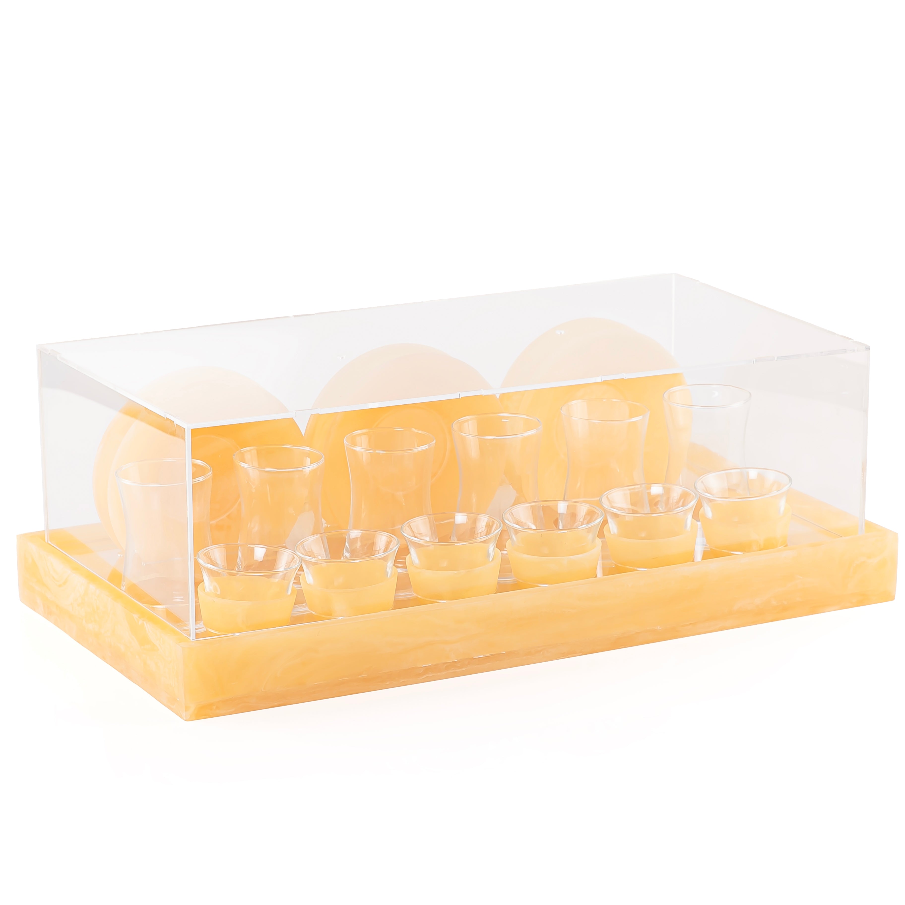 Resin Serving Tray Set with 6 Tea Glasses & 6 Coffee Cups, Acrylic Cover & Gift Box