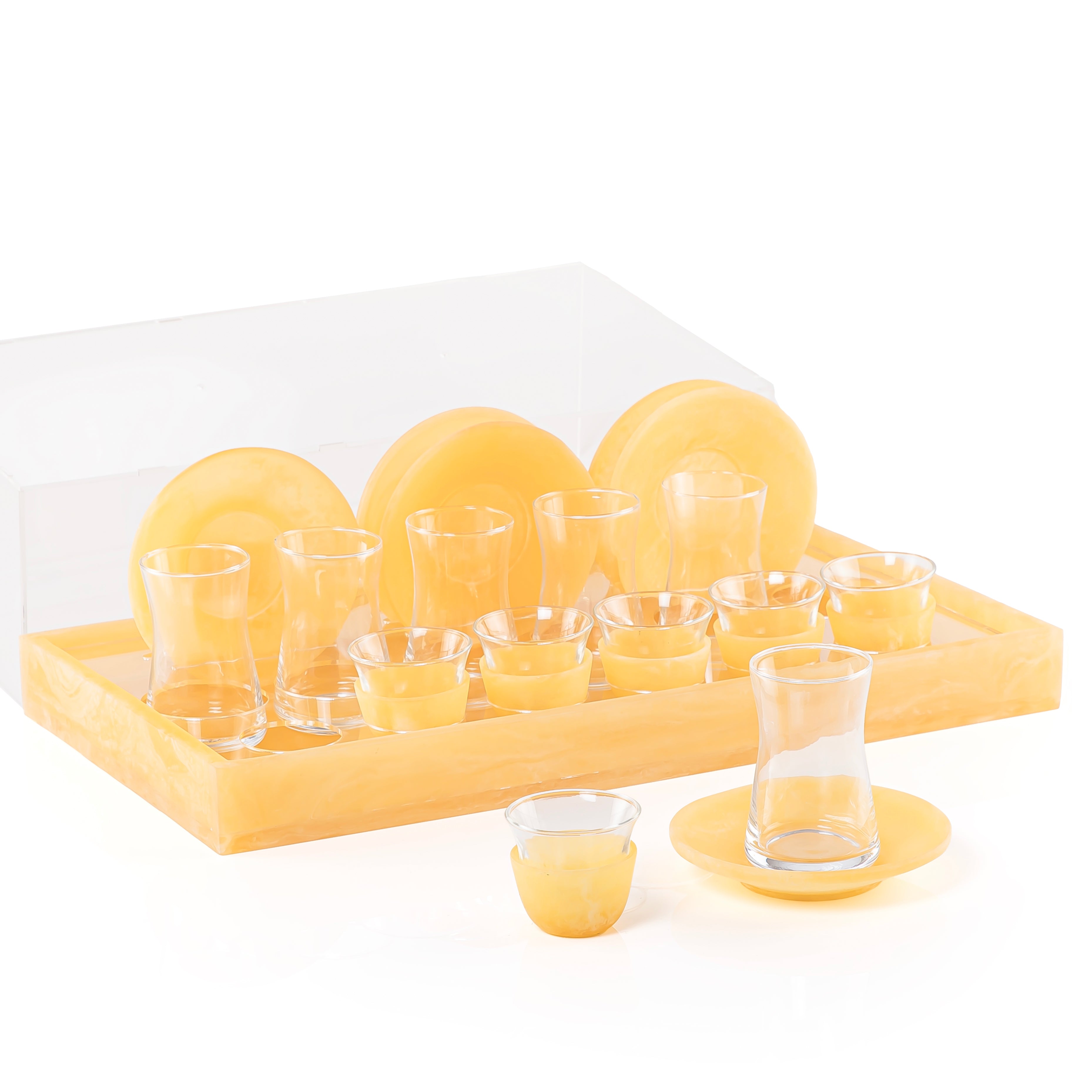 Resin Serving Tray Set with 6 Tea Glasses & 6 Coffee Cups, Acrylic Cover & Gift Box