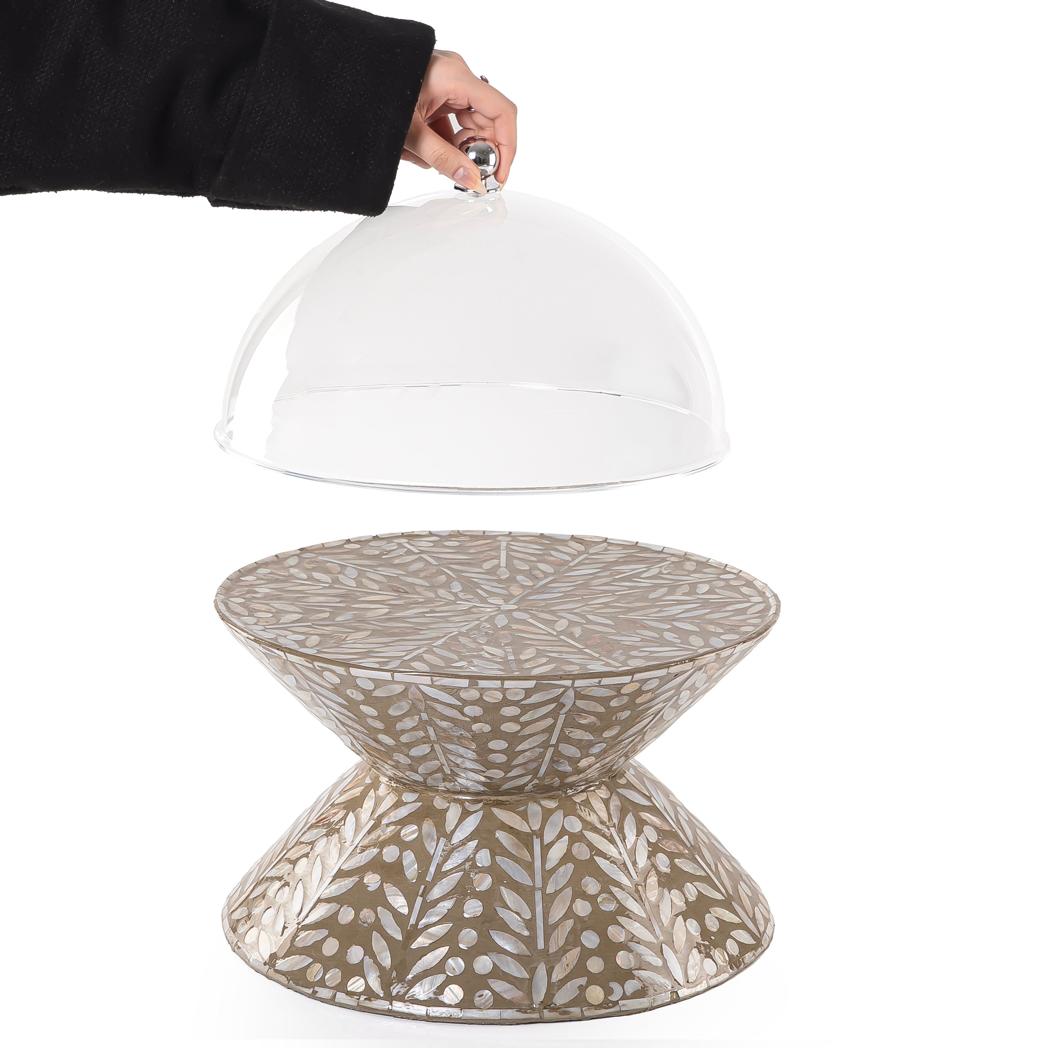استاند كيك من الصدف بتصميم مزدوج مع غطاء أكريليك - كبير