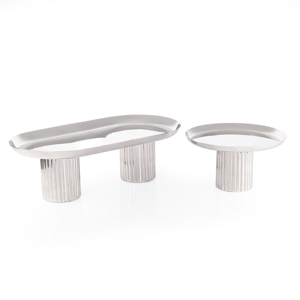 Set of 2 stainless steel serving stands with oval and round designs