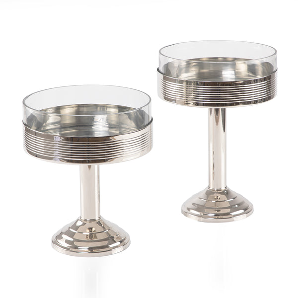 Set of 2 Stainless Steel Serving Stand with Glass Bowl and Cylindrical Base