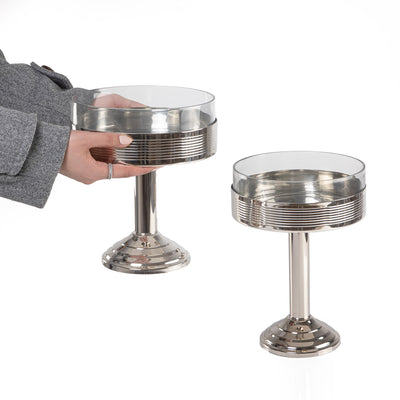 Set of 2 Stainless Steel Serving Stand with Glass Bowl and Cylindrical Base