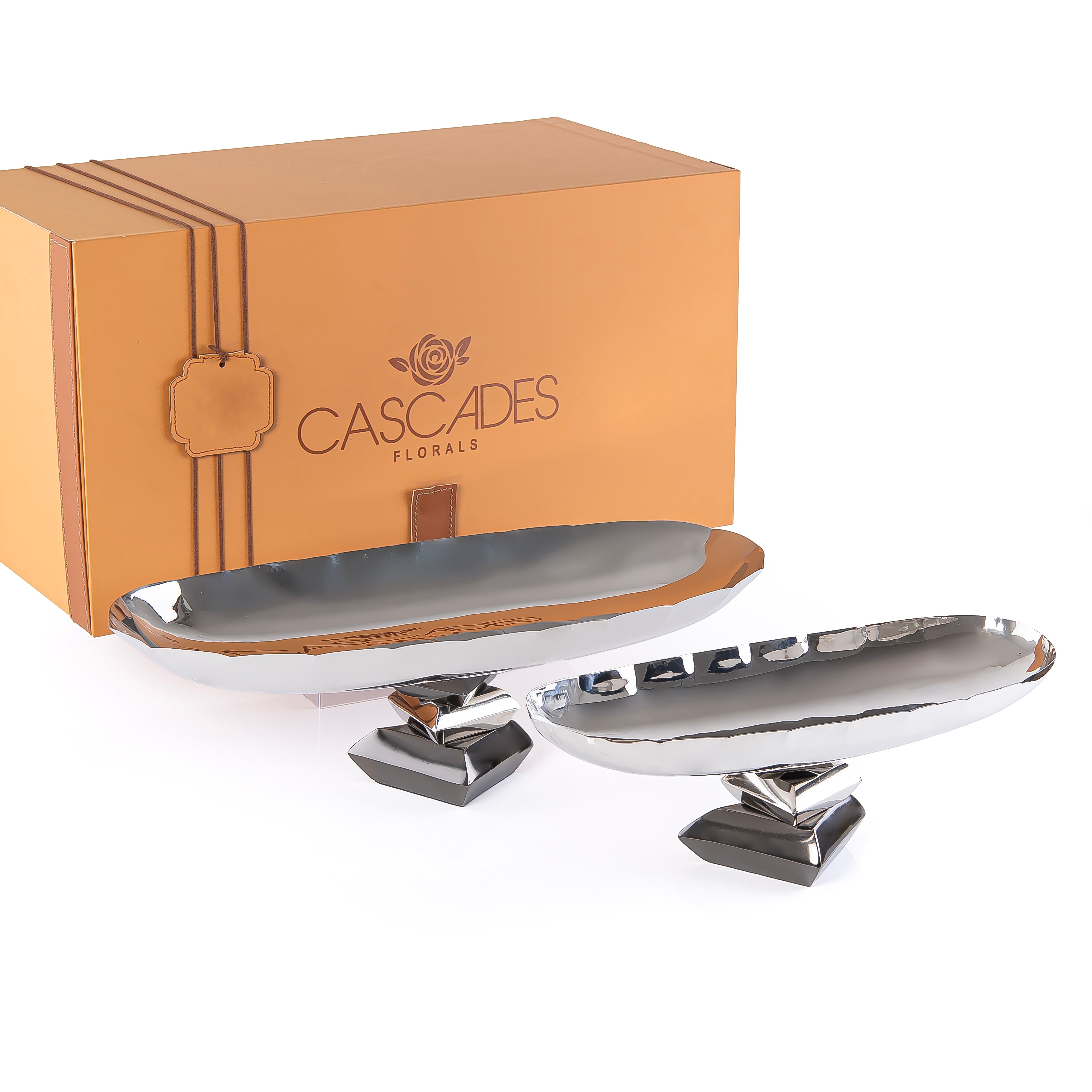 طقم مكون من 2 ستاند تقديم بيضاوي معدن مع بوكس هدايا - فضي