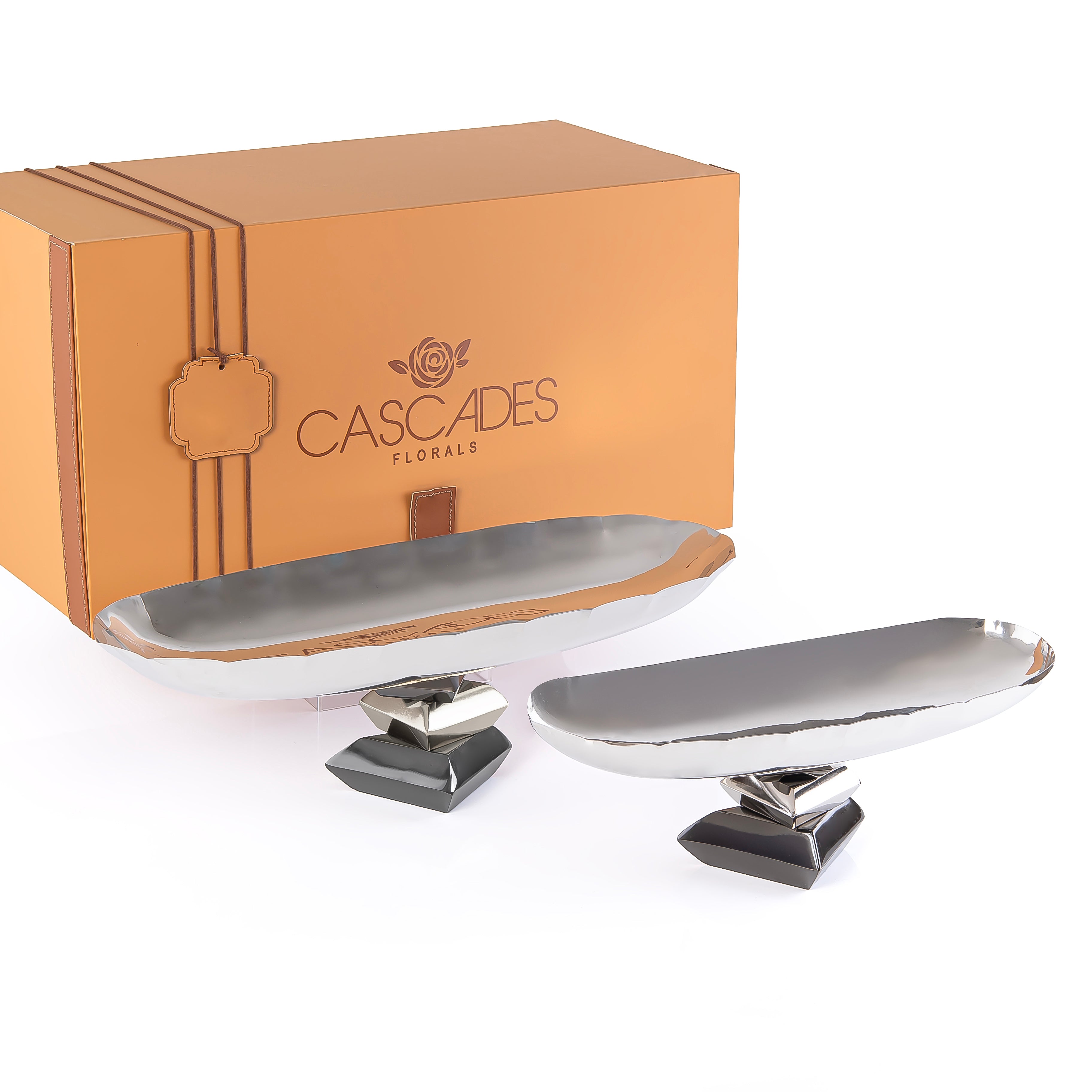 طقم مكون من 2 ستاند تقديم بيضاوي معدن مع بوكس هدايا - ذهبي و أسود 