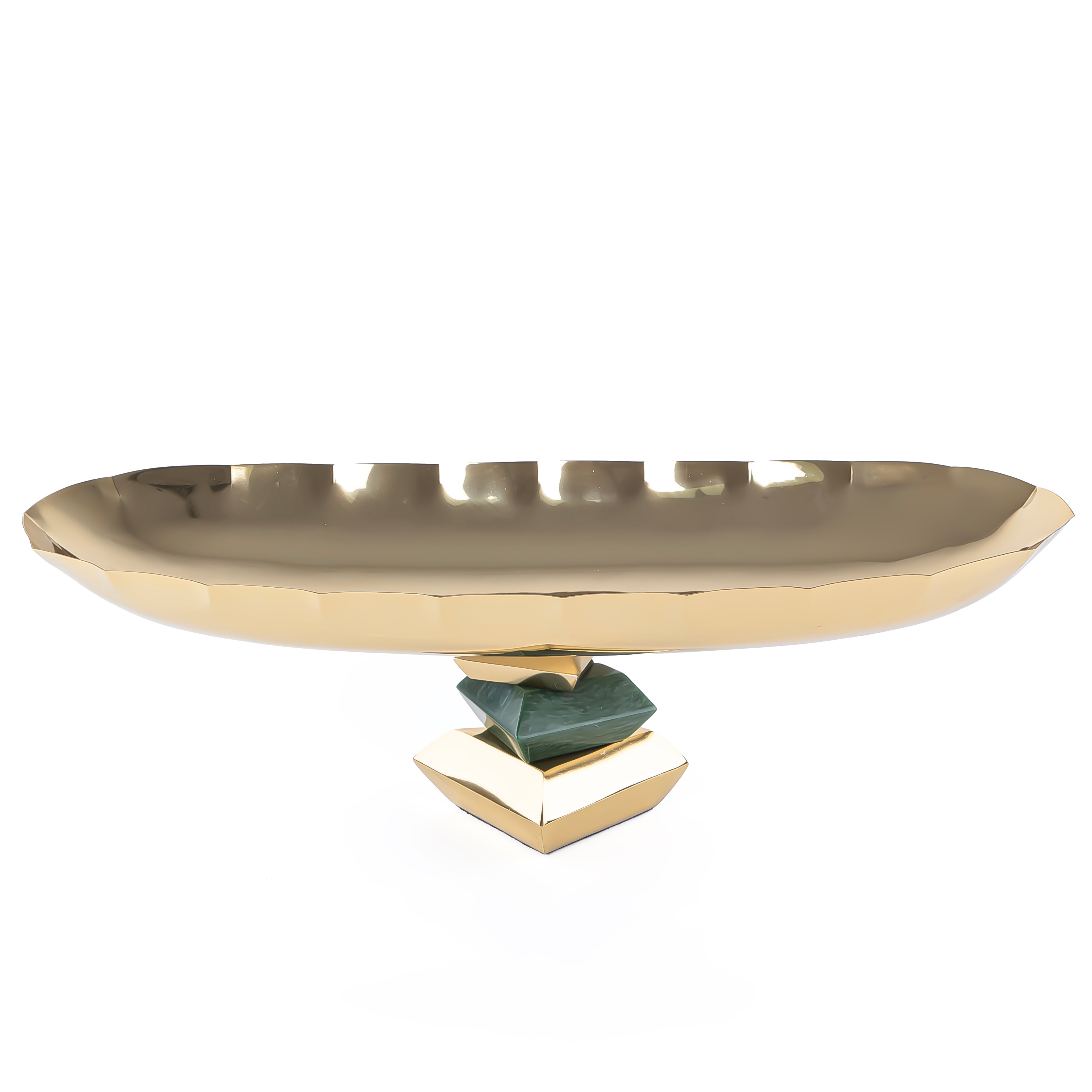 Elegant Metal Oval Serving Dish Gold with Green - Large