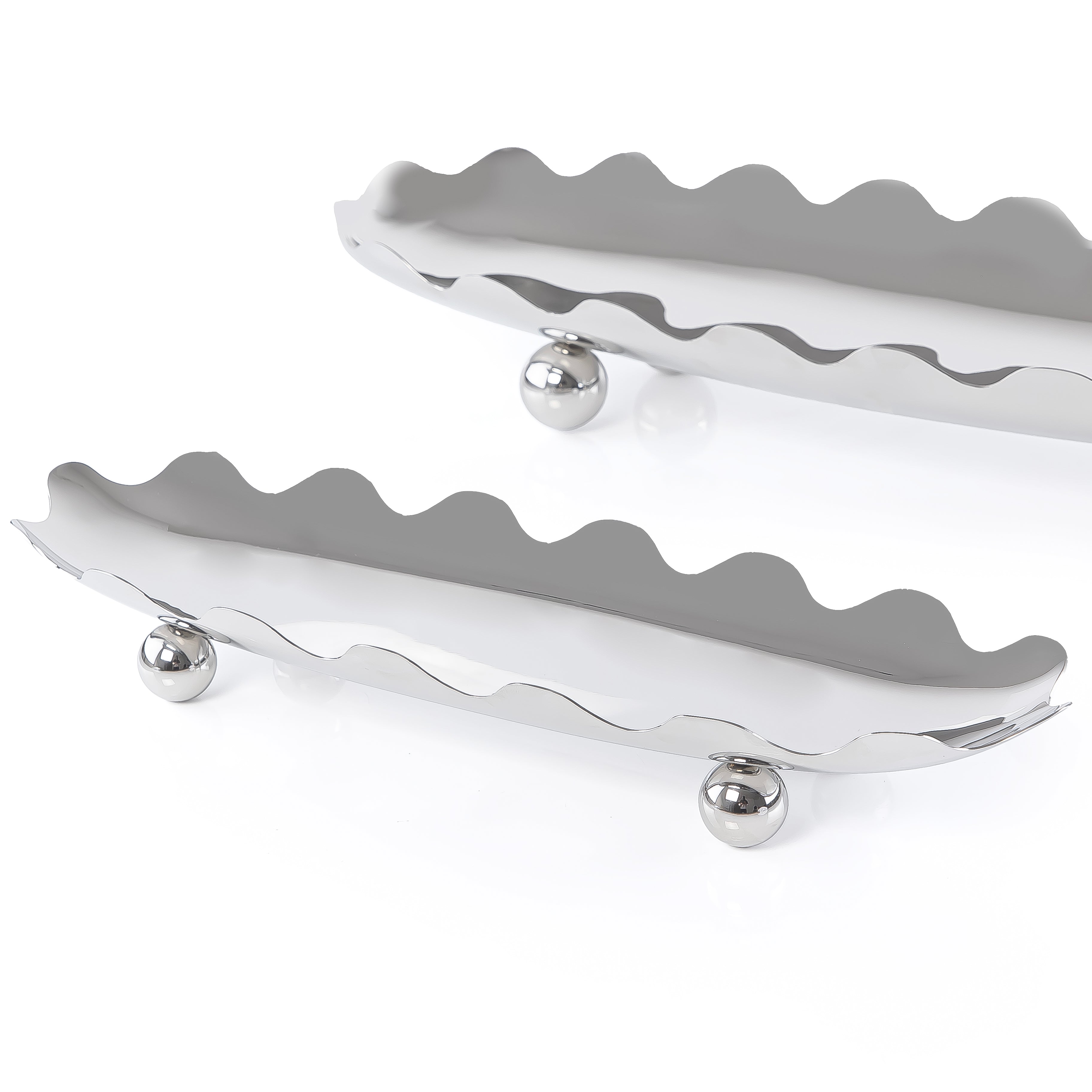 طقم مكون من 2 ستاند تقديم بيضاوي معدن بحواف معرجة  مع بوكس هدايا - فضي