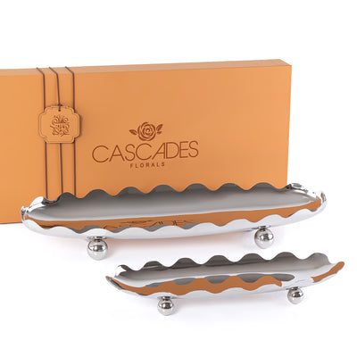 طقم مكون من 2 ستاند تقديم بيضاوي معدن بحواف معرجة  مع بوكس هدايا - فضي