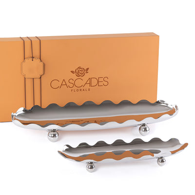 طقم مكون من 2 ستاند تقديم بيضاوي معدن بحواف معرجة  مع بوكس هدايا - فضي