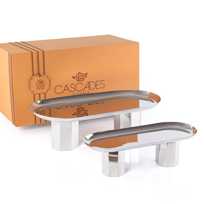 طقم مكون من 2 ستاند تقديم بيضاوي معدن مع بوكس هدايا - فضي