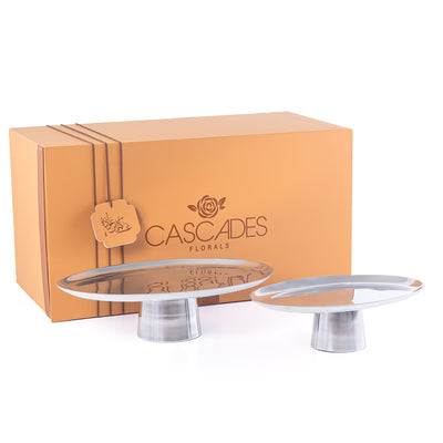 طقم 2 ستاندات تقديم بيضاوية من المعدن مع بوكس - فضي