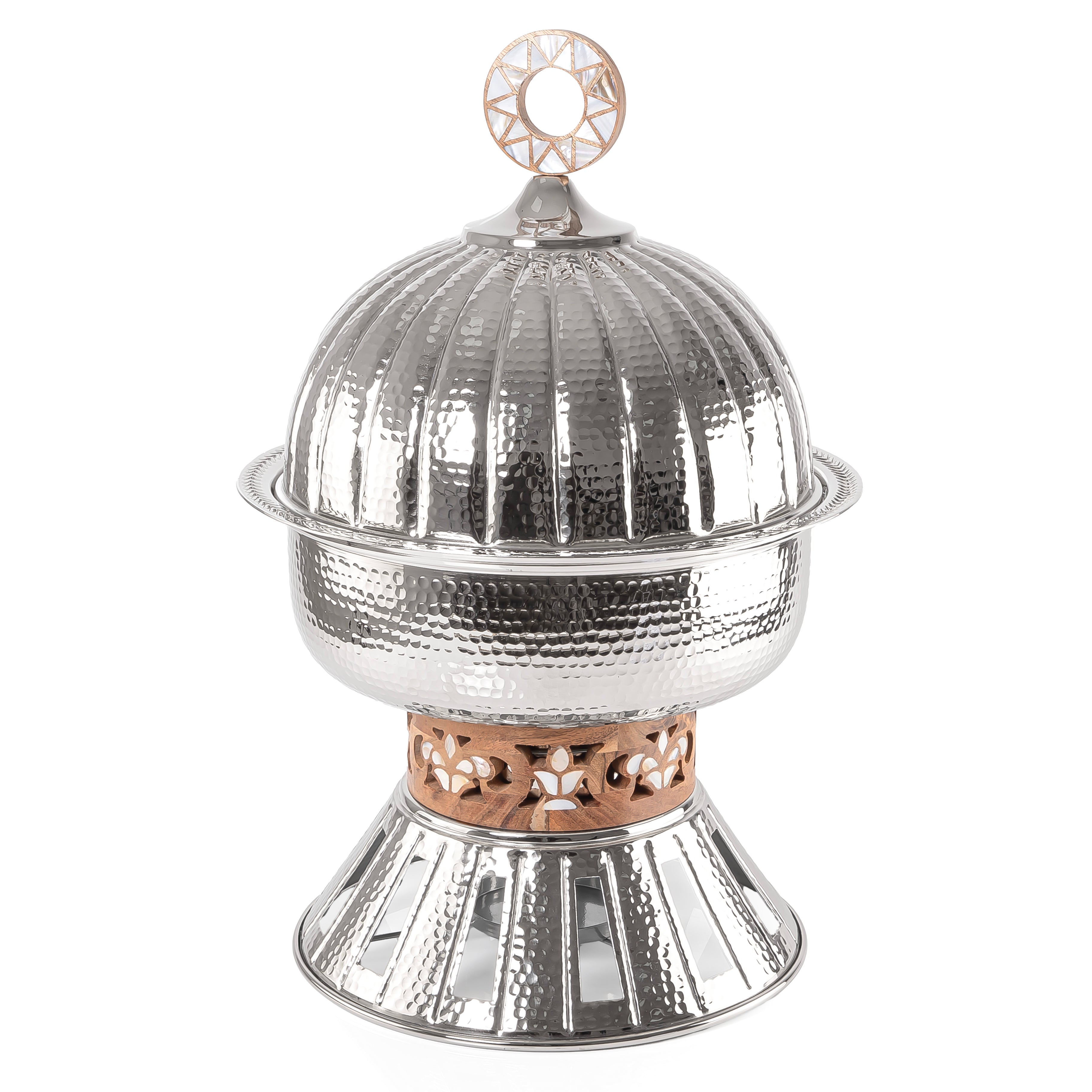 Nickel Circular Serving Bowl with Hammered Design and Raised Base - 5 Liter