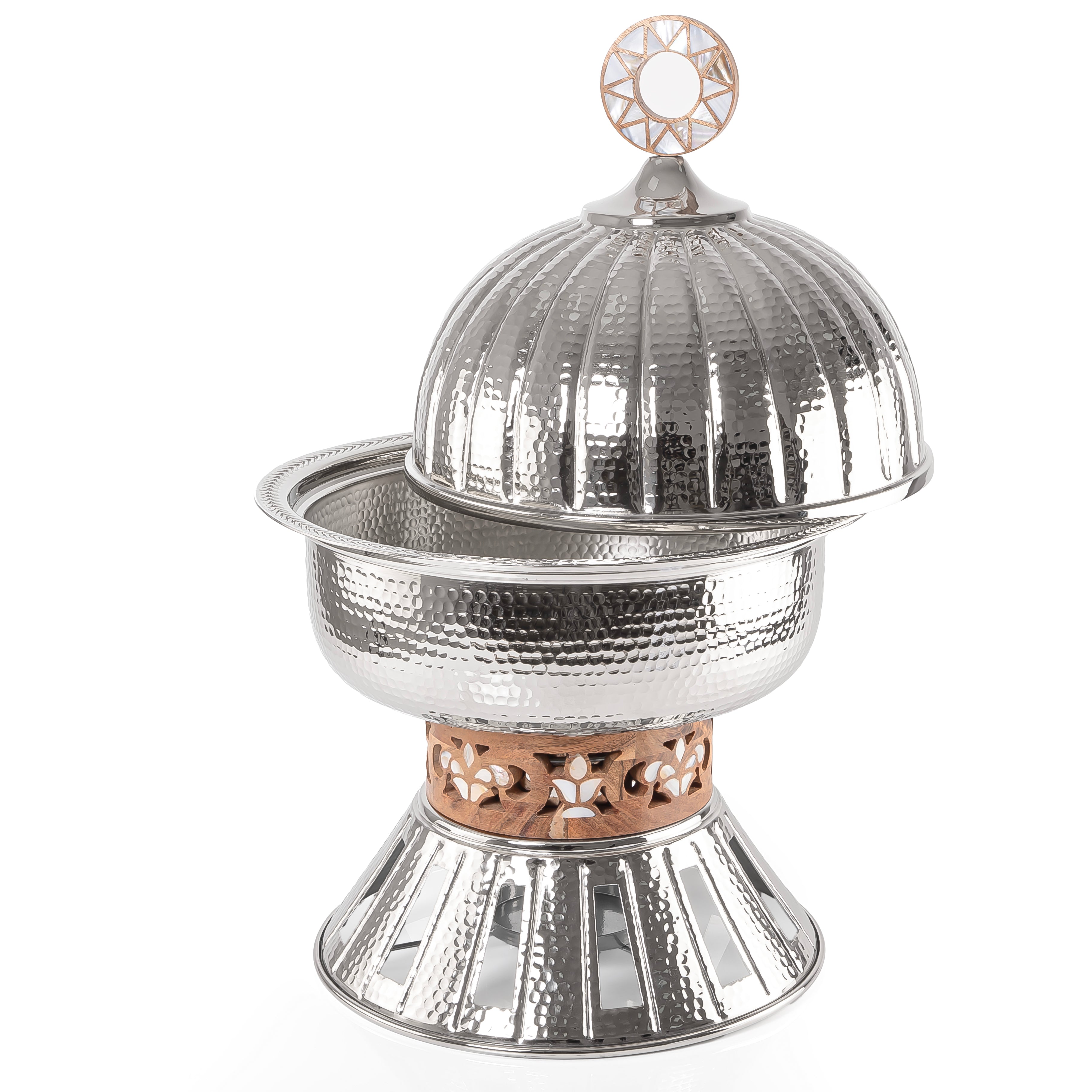 Nickel Circular Serving Bowl with Hammered Design and Raised Base - 5 Liter