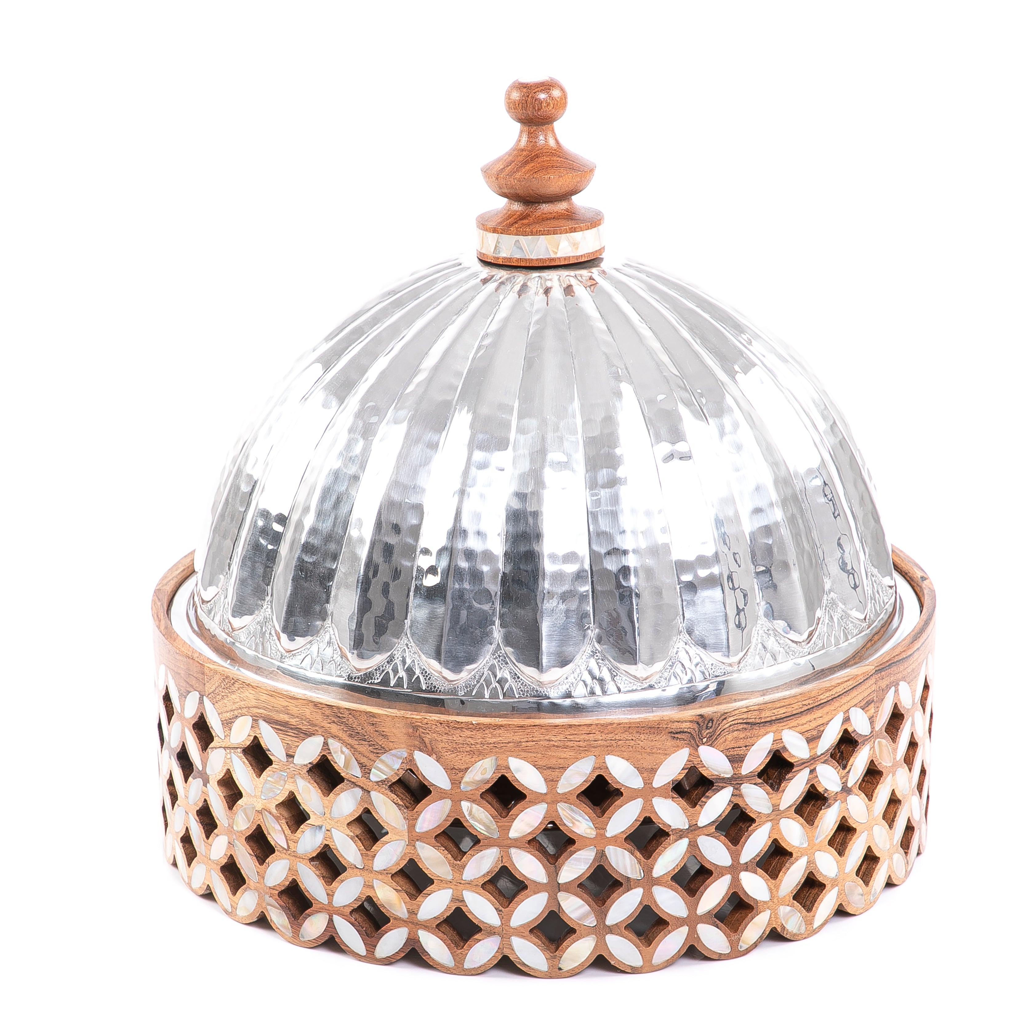 حافظة طعام حرارية من الستانلس ستيل دائرية بقاعدة خشبية - كبير