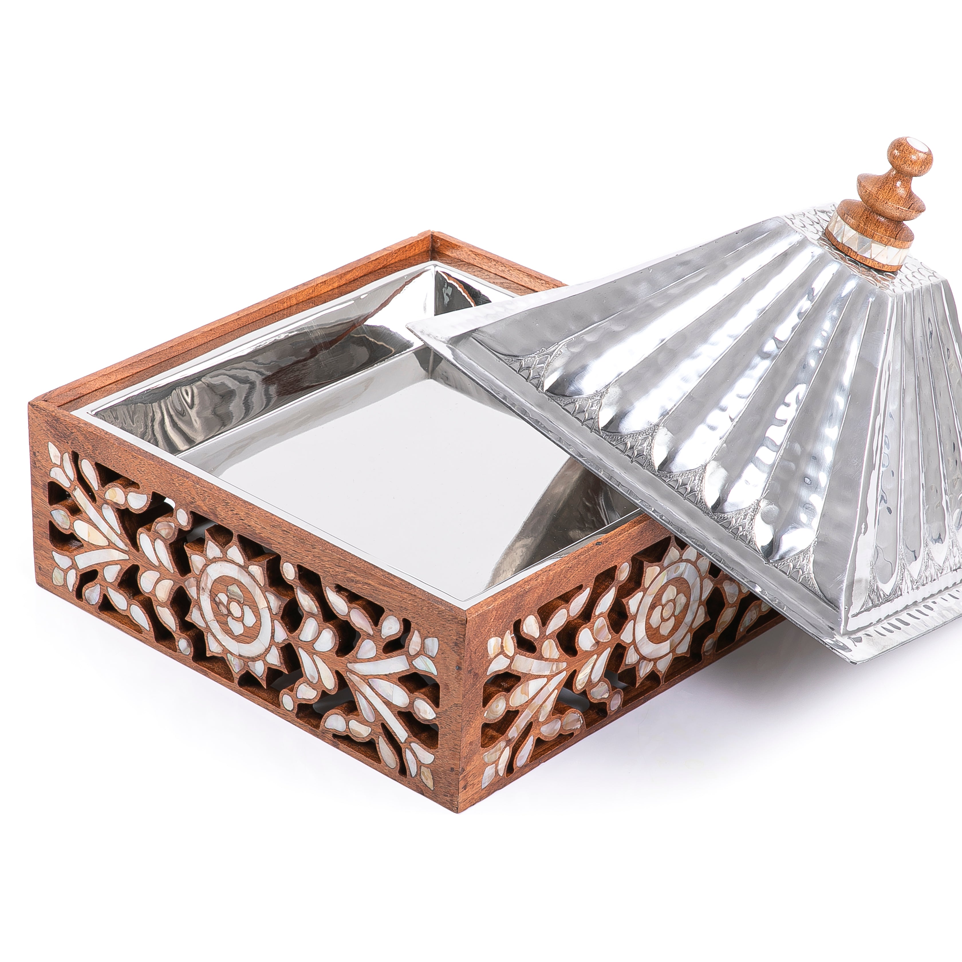 Square Stainless Steel Food Warmer with Wooden Base - Small