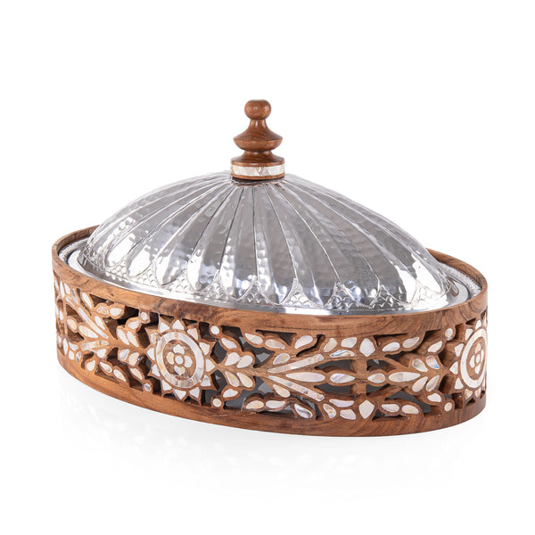 Stainless Steel Food Warmer on
 Decorative Wooden Base