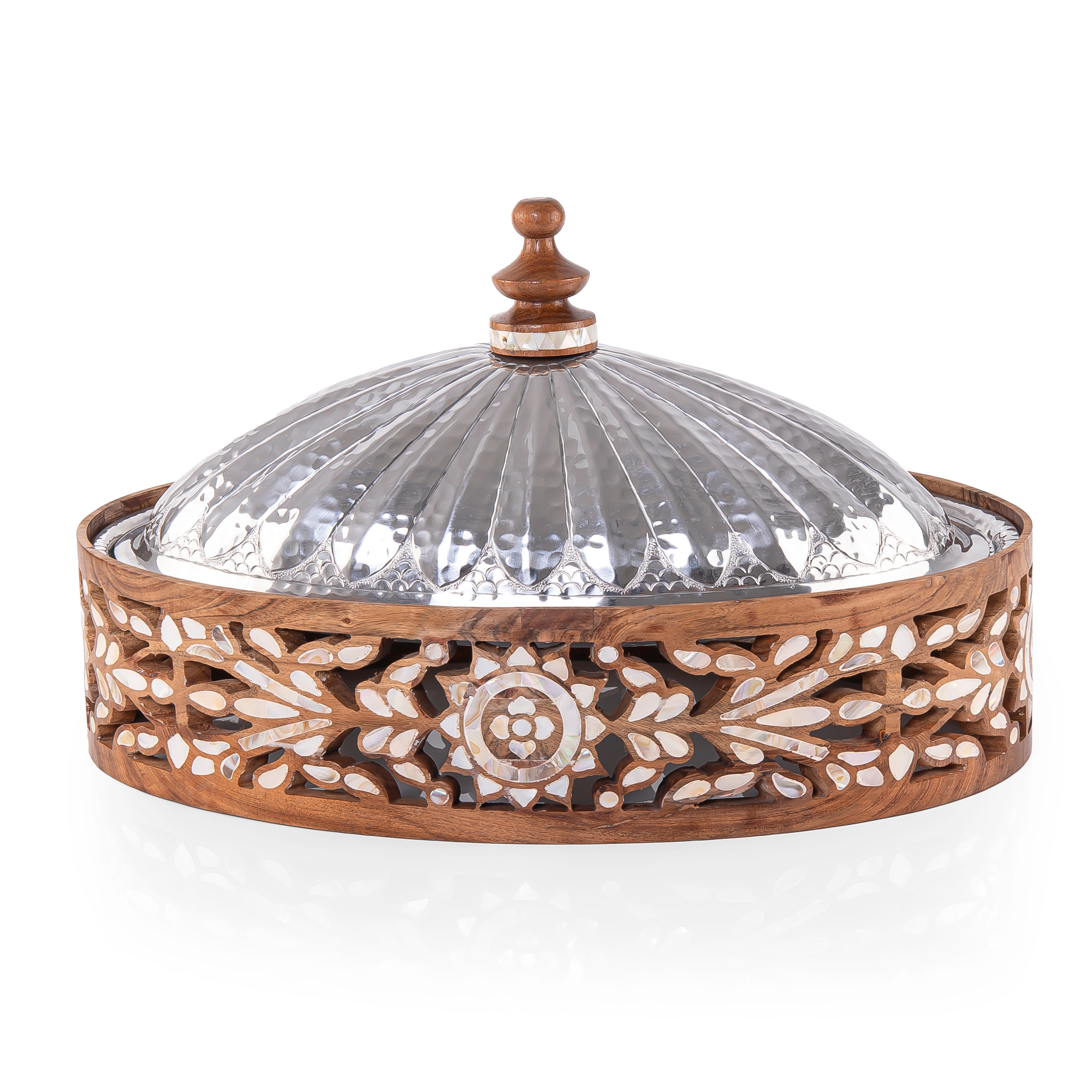 حافظة طعام من الإستانلس ستيل مع قاعدة خشبية مزخرفة