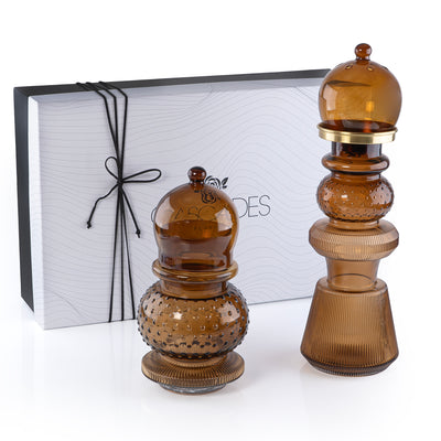 2 Pcs Large Mabkhar Set Glass Holder with Metal Burner & Dome – Brown