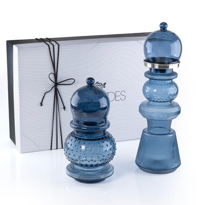 2 Pcs Large Mabkhar Set Glass Holder with Metal Burner & Dome – Blue