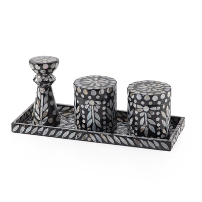 Set of 3 mother of pearl ( 2 jars , Decorative piece , tray) - black