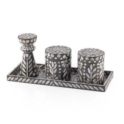 Set of 3 mother of pearl ( 2 jars , Decorative piece , tray) - grey