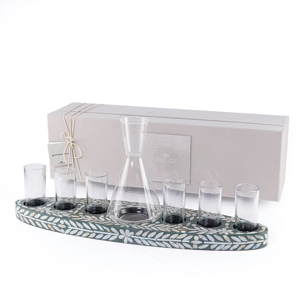 Wooden serving tray set with 6 glasses
 a carafe and gift box