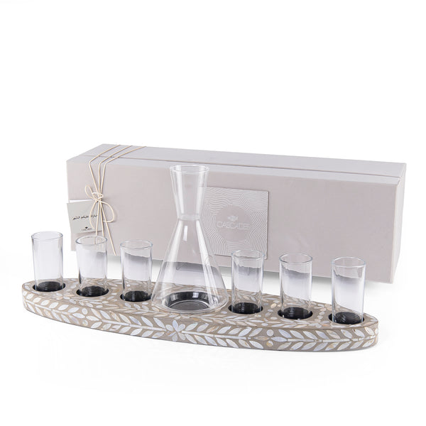 Wooden serving tray set with 6 glasses
 a carafe and gift box