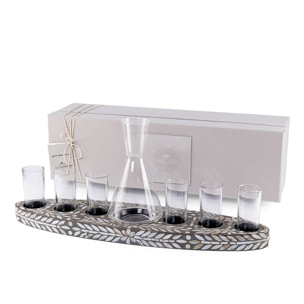 Wooden serving tray set with 6 glasses
 a carafe and gift box