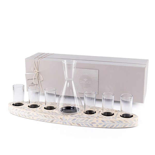 Wooden serving tray set with 6 glasses
 a carafe and gift box