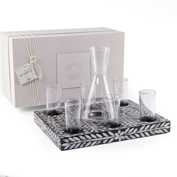 Square wooden serving tray set with 6
 glasses a carafe and gift box