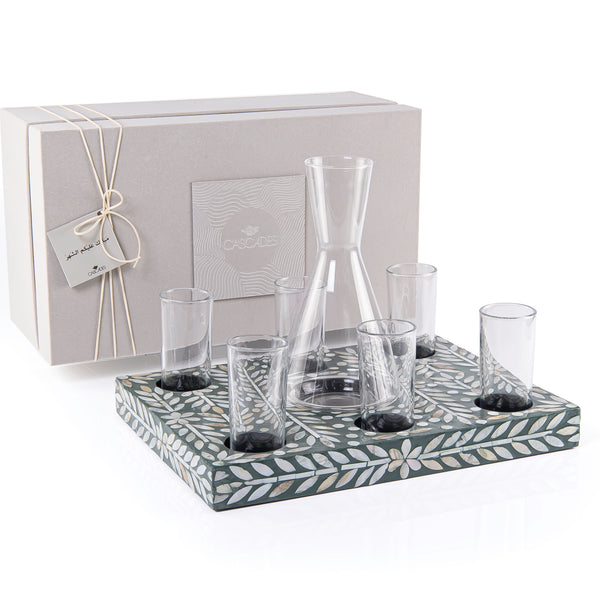 Square wooden serving tray set with 6  glasses a carafe and gift box