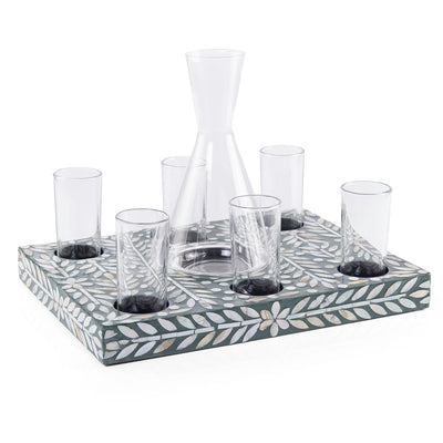 Square wooden serving tray set with 6  glasses a carafe and gift box