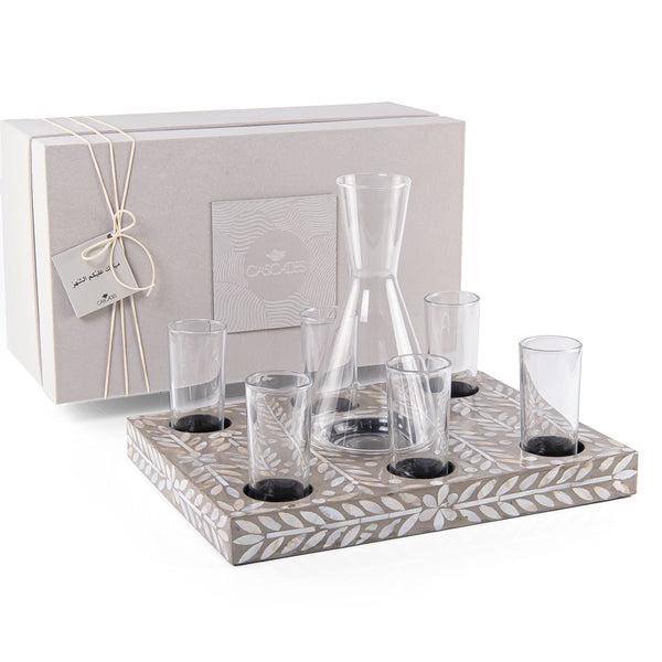 Square wooden serving tray set with 6  glasses a carafe and gift box