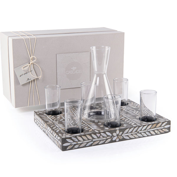 Square wooden serving tray set with 6  glasses a carafe and gift box