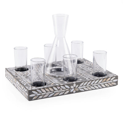 Square wooden serving tray set with 6  glasses a carafe and gift box