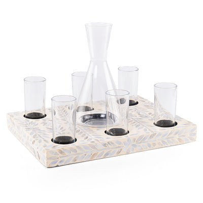 Square wooden serving tray set with 6  glasses a carafe and gift box