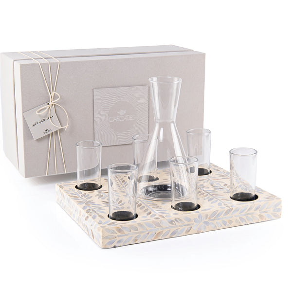 Square wooden serving tray set with 6  glasses a carafe and gift box