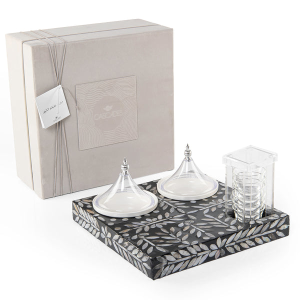 Wooden tray set with 6 coffee cups and dishes a carafe and a gift box