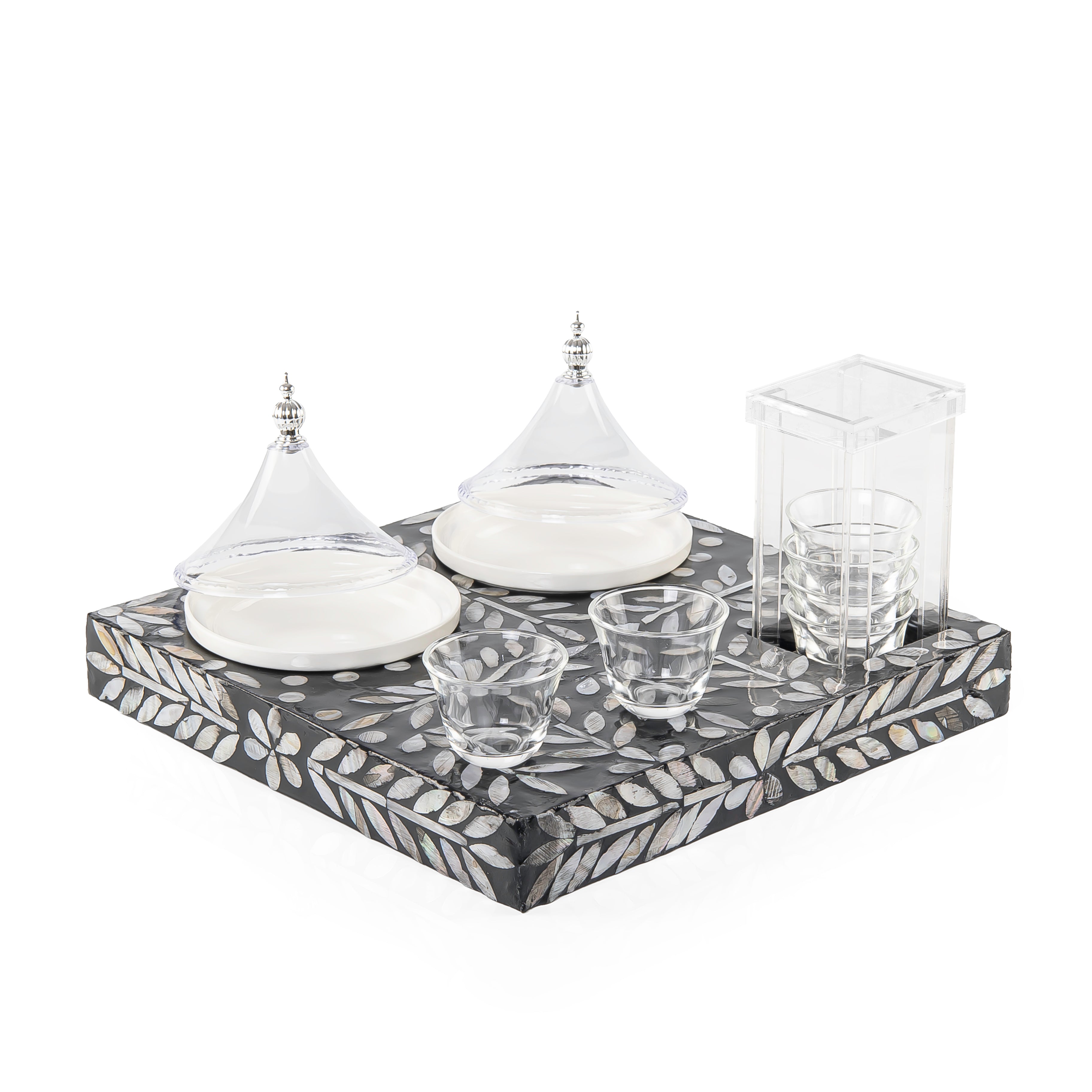 Wooden tray set with 6 coffee cups and dishes a carafe and a gift box