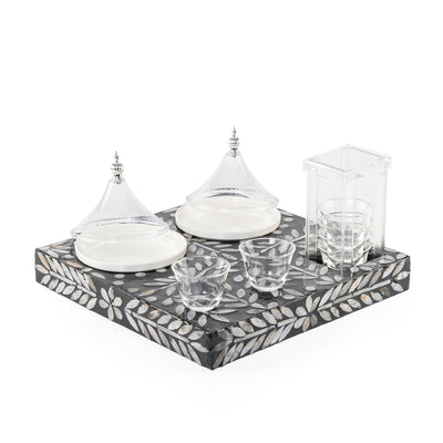 Wooden tray set with 6 coffee cups and dishes a carafe and a gift box