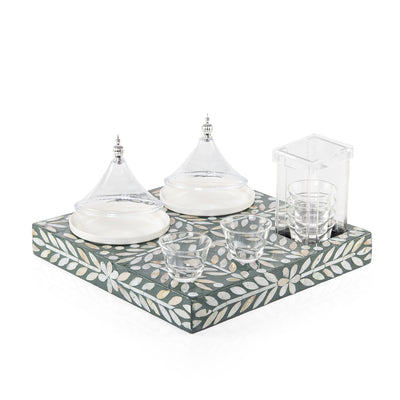 Wooden tray set with 6 coffee cups and dishes a carafe and a gift box